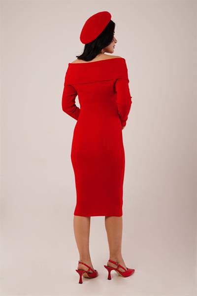 Omuz Dekolteli Midi Kırmızı Triko Elbise