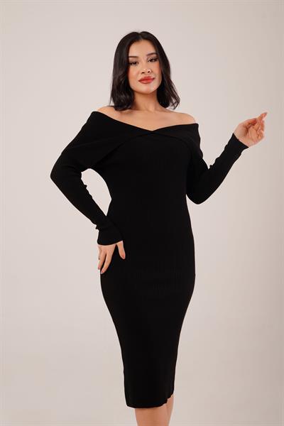 Omuz Dekolteli Midi Siyah Triko Elbise