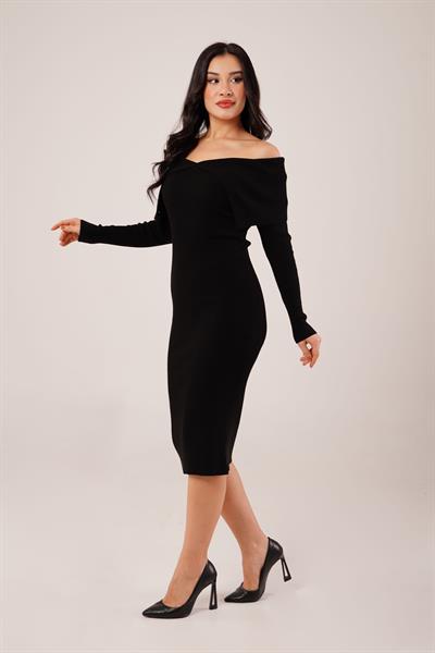 Omuz Dekolteli Midi Siyah Triko Elbise