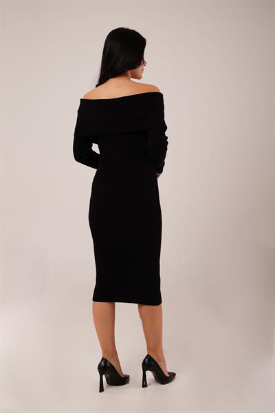 Omuz Dekolteli Midi Siyah Triko Elbise