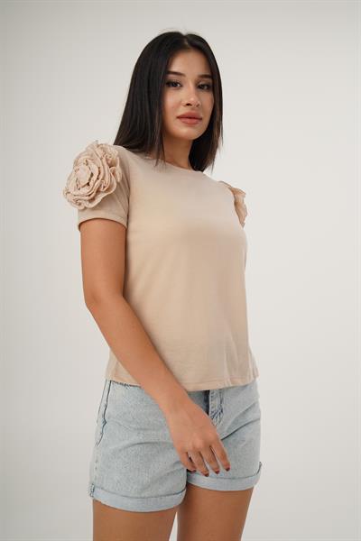 Omuz Güllü Kısa Kol Bej Bluz
