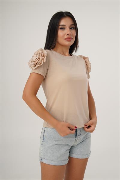 Omuz Güllü Kısa Kol Bej Bluz