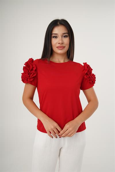 Omuz Güllü Kısa Kol Kırmızı Bluz