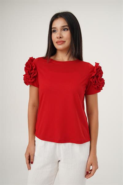 Omuz Güllü Kısa Kol Kırmızı Bluz