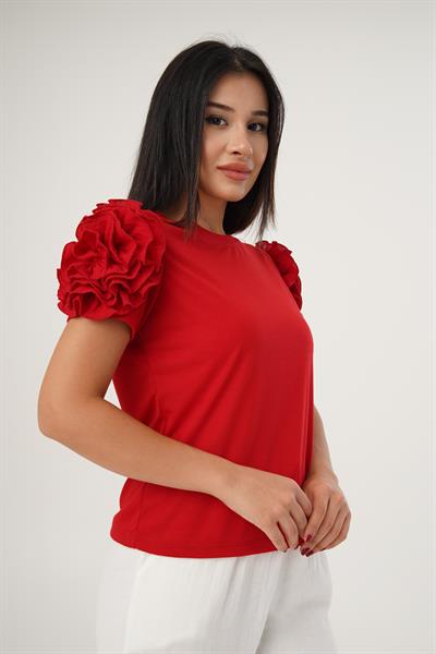 Omuz Güllü Kısa Kol Kırmızı Bluz