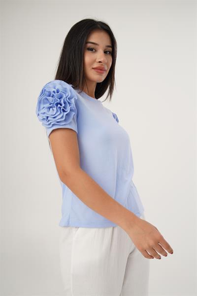 Omuz Güllü Kısa Kol Mavi Bluz