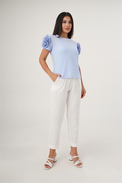 Omuz Güllü Kısa Kol Mavi Bluz