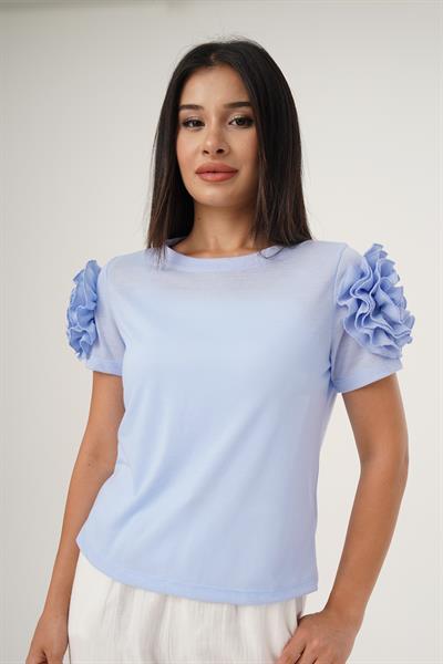 Omuz Güllü Kısa Kol Mavi Bluz