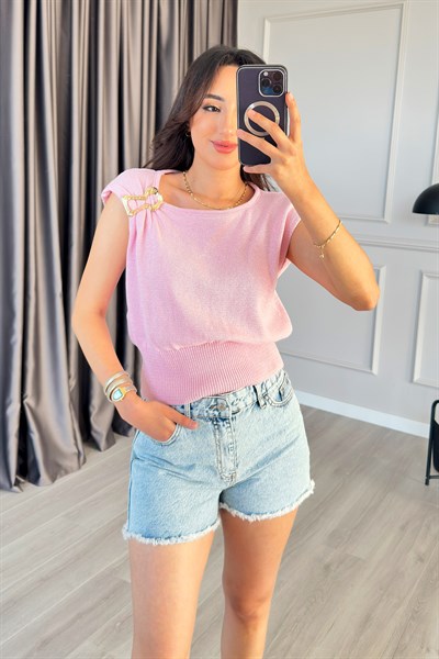 Omuz Toka Detay Kolsuz Yazlık Pembe Triko Bluz