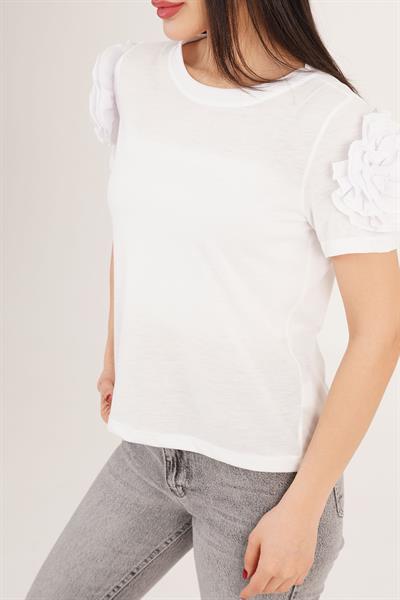 Omuz Gül Detaylı Beyaz Bluz