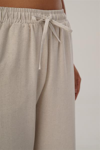Ön Bağcık Bağlamalı Bol Paça Keten Pantolon