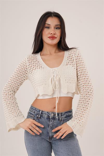 Ön Bağlamalı Ajurlu Crop Bej Hırka