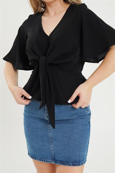 Ön Bağlamalı Yarım Kol Siyah Bluz