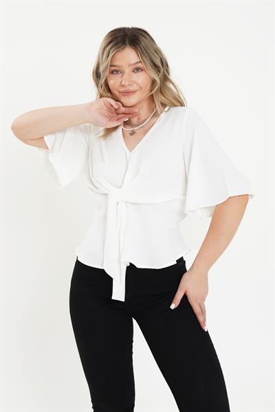 Ön Bağlamalı Yarım Kol Beyaz Bluz