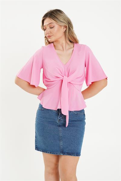 Ön Bağlamalı Yarım Kol Pembe Bluz