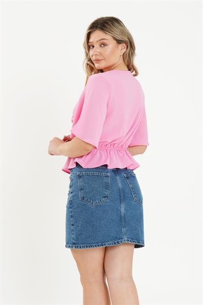 Ön Bağlamalı Yarım Kol Pembe Bluz