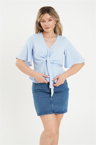 Ön Bağlamalı Yarım Kol Bebe Mavisi Bluz