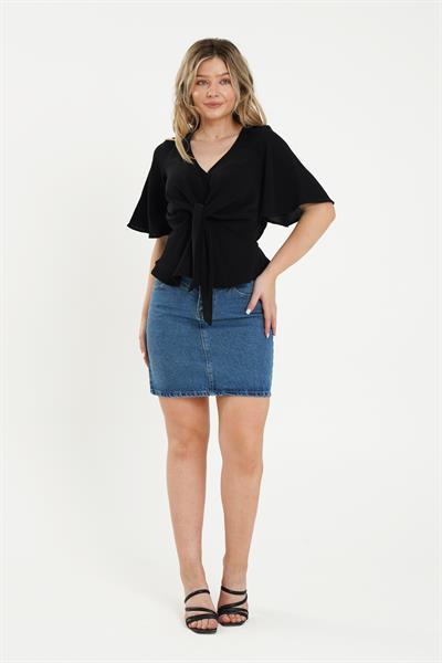 Ön Bağlamalı Yarım Kol Siyah Bluz