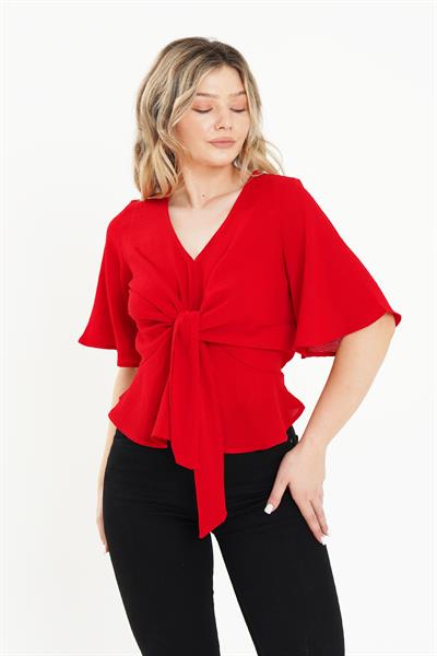 Ön Bağlamalı Yarım Kol Bordo Bluz