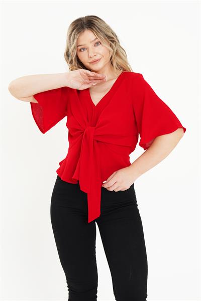 Ön Bağlamalı Yarım Kol Bordo Bluz