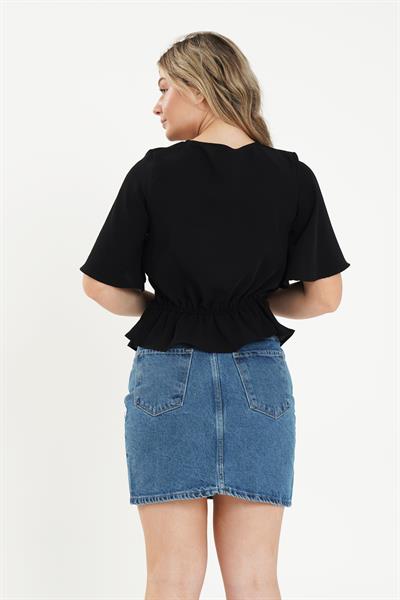 Ön Bağlamalı Yarım Kol Siyah Bluz
