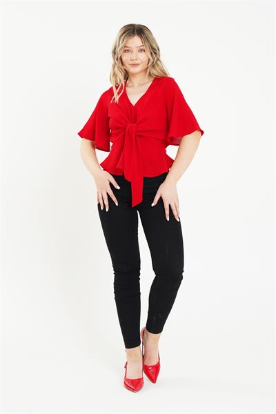 Ön Bağlamalı Yarım Kol Bordo Bluz