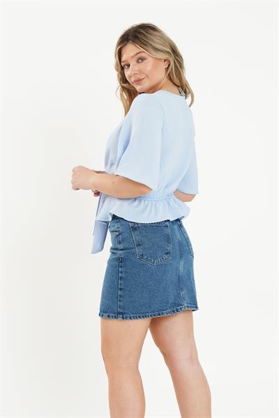Ön Bağlamalı Yarım Kol Bebe Mavisi Bluz