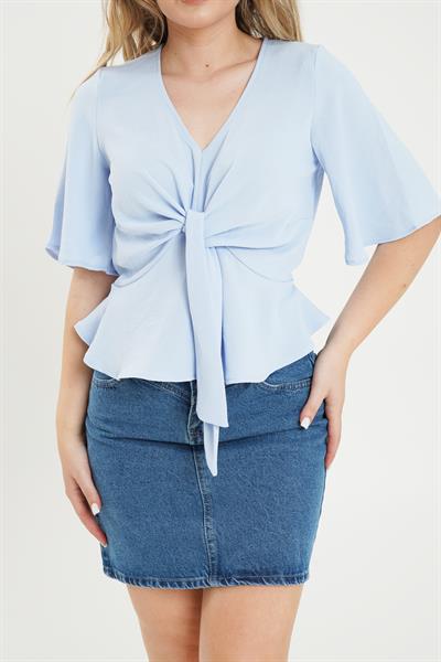Ön Bağlamalı Yarım Kol Bebe Mavisi Bluz