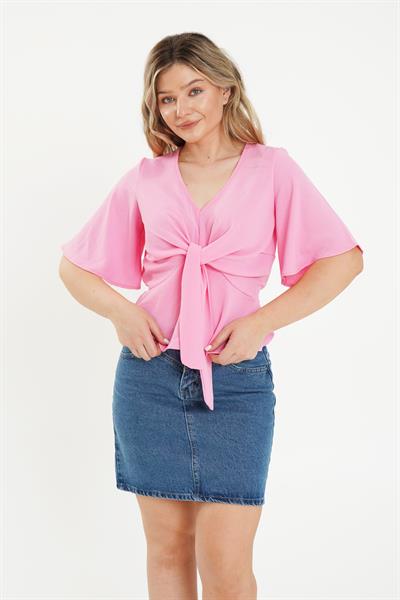 Ön Bağlamalı Yarım Kol Pembe Bluz