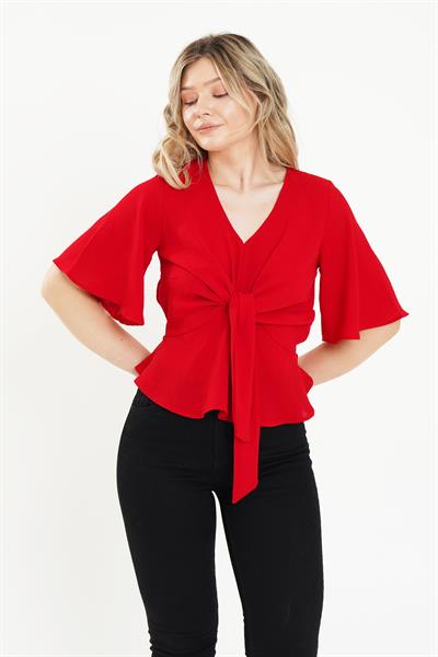 Ön Bağlamalı Yarım Kol Bordo Bluz