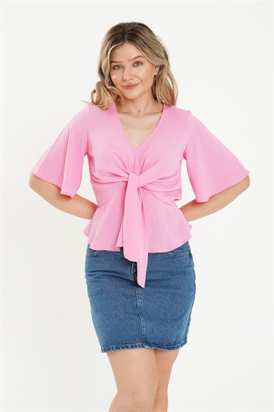 Ön Bağlamalı Yarım Kol Pembe Bluz