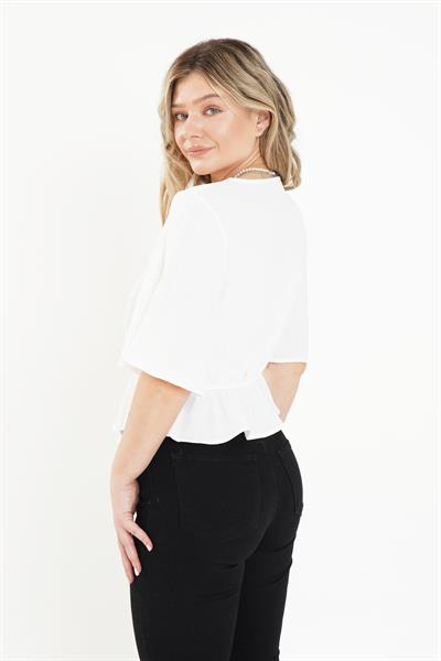 Ön Bağlamalı Yarım Kol Beyaz Bluz