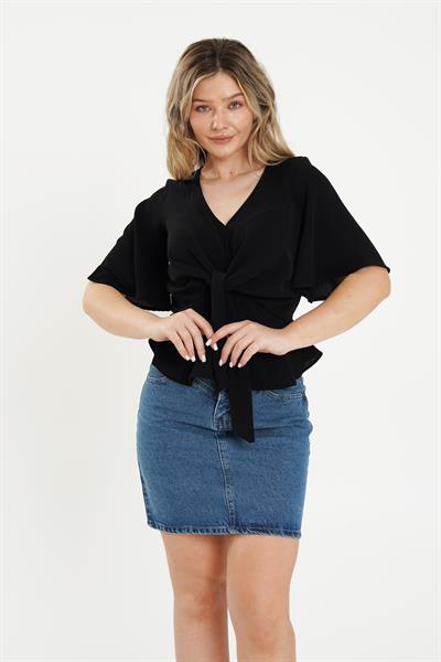 Ön Bağlamalı Yarım Kol Siyah Bluz