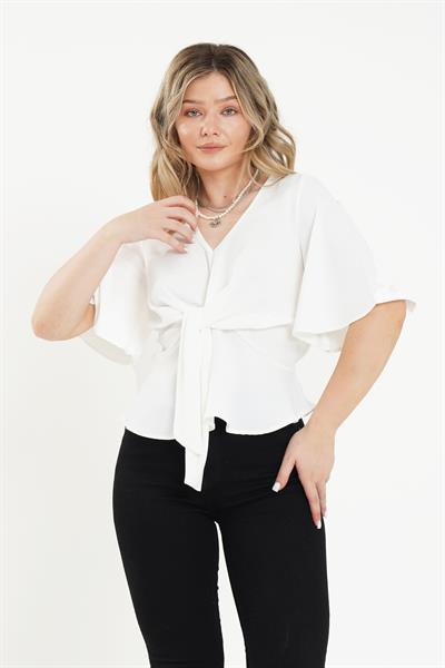 Ön Bağlamalı Yarım Kol Beyaz Bluz