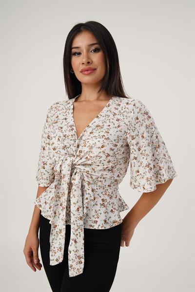 Ön Bağlamalı Çıtır Çiçekli Bej Bluz