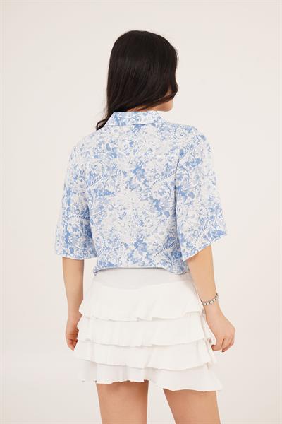 Ön Bağlamalı Desenli Mavi Gömlek