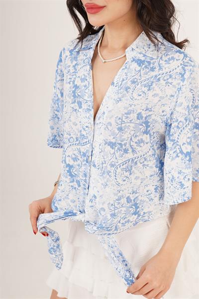 Ön Bağlamalı Desenli Mavi Gömlek