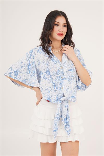 Ön Bağlamalı Desenli Mavi Gömlek