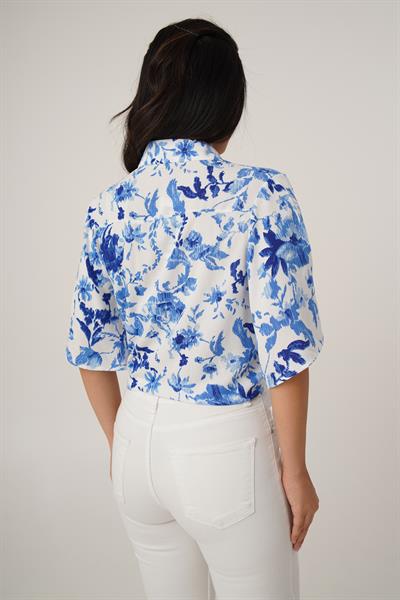 Ön Bağlamalı Kısa Kol Çiçekli Mavi Gömlek