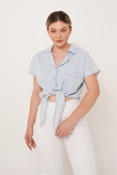 Ön Bağlamalı Kot Mavisi Denim Gömlek