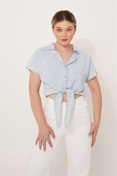 Ön Bağlamalı Kot Mavisi Denim Gömlek