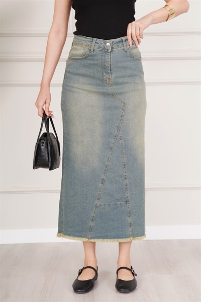 Eskitme Yırtmaç Detaylı Midi Boy Kot Etek