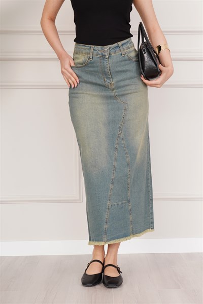 Eskitme Yırtmaç Detaylı Midi Boy Kot Etek