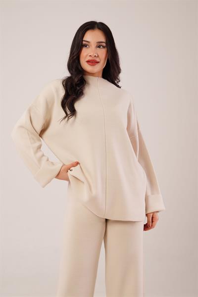 Ön Dikiş Detay Bej Triko Takım