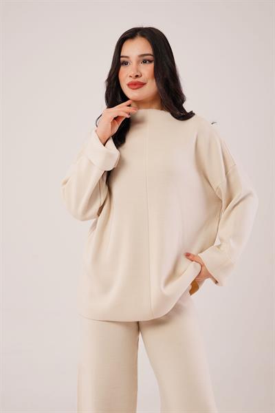 Ön Dikiş Detay Bej Triko Takım