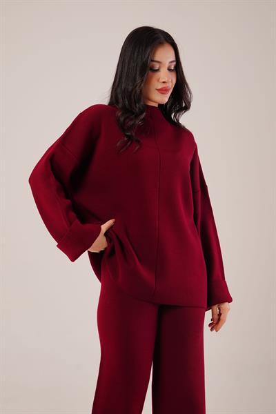 Ön Dikiş Detay Bordo Triko Takım