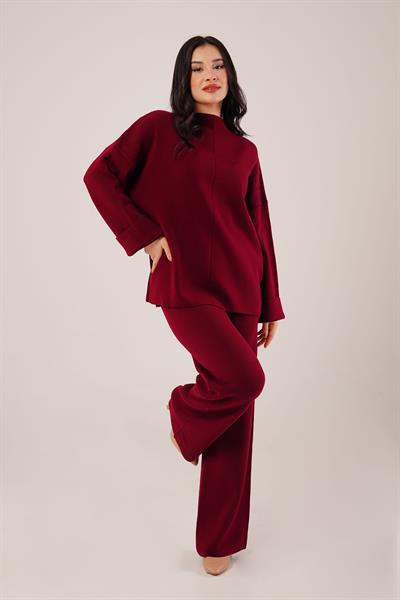 Ön Dikiş Detay Bordo Triko Takım