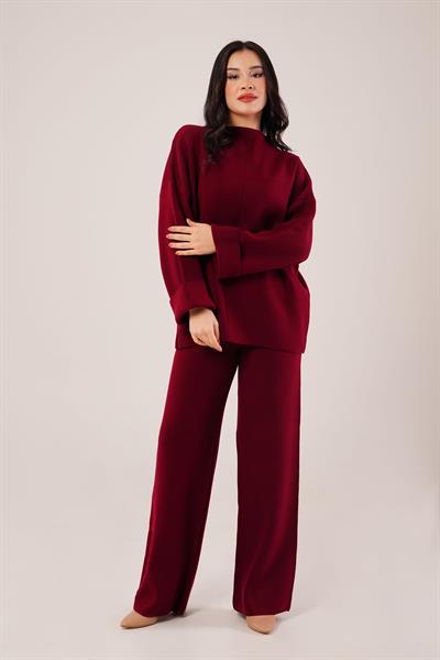 Ön Dikiş Detay Bordo Triko Takım