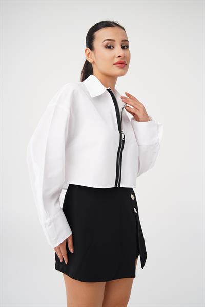 Ön Fermuarlı Crop Beyaz Gömlek