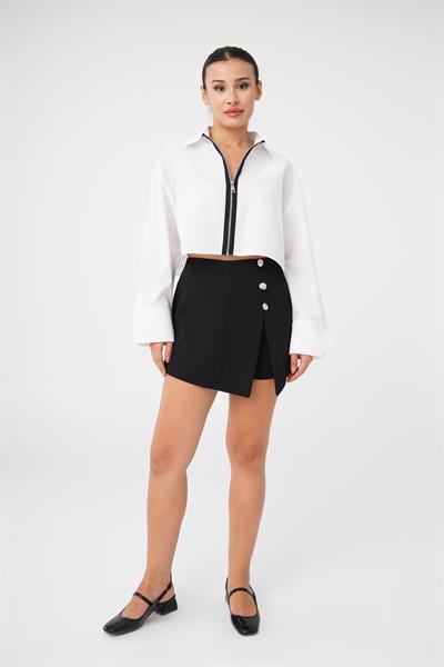 Ön Fermuarlı Crop Beyaz Gömlek